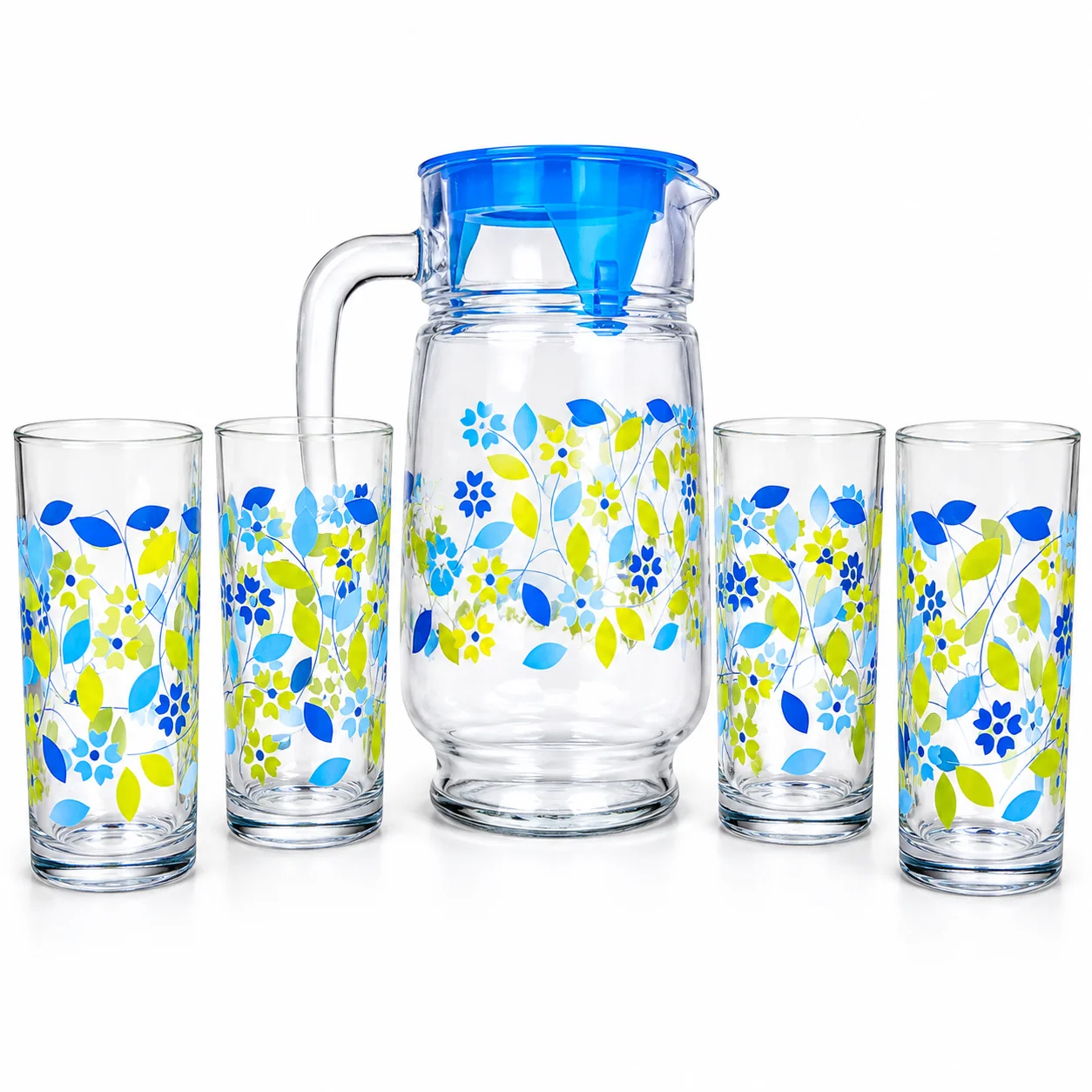juego jarra y 4 vasos de vidrio